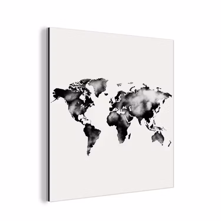 Wereldkaart - Zwart - Inktwassing aluminium wit klein -3d