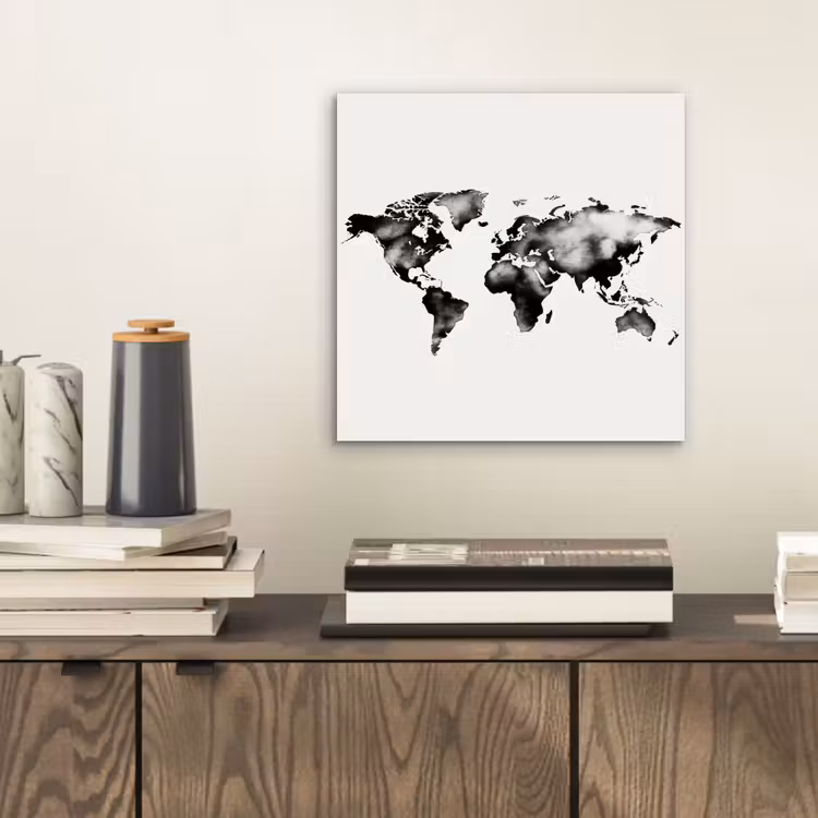 Wereldkaart - Zwart - Inktwassing aluminium wit klein -sfeer1