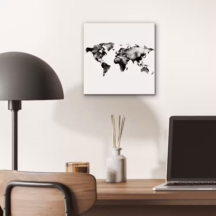 Wereldkaart - Zwart - Inktwassing aluminium wit klein -sfeer5