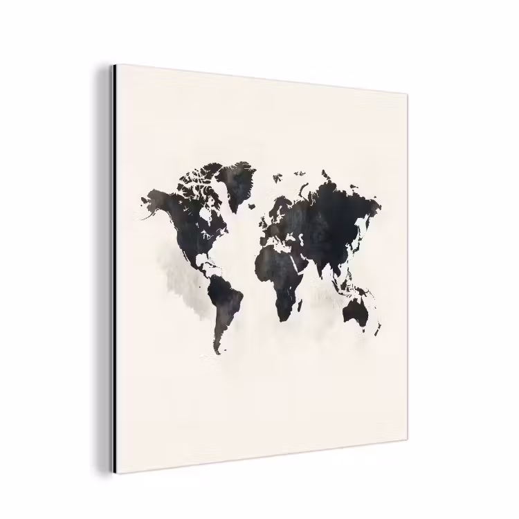 Wereldkaart - Zwart - Wit - Verf aluminium wit klein -3d