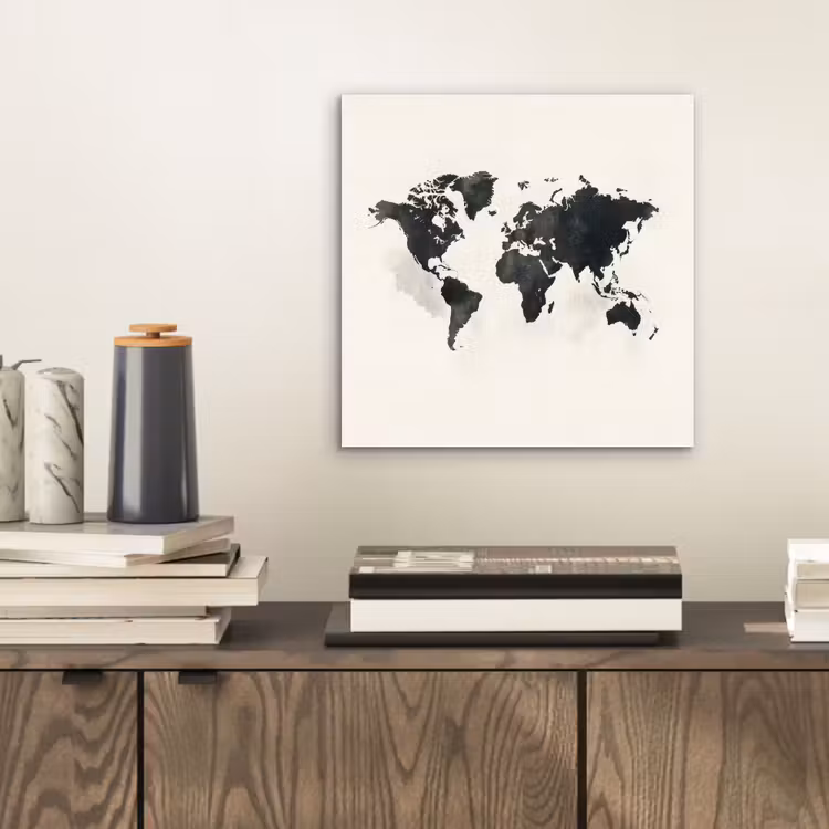 Wereldkaart - Zwart - Wit - Verf aluminium wit klein -sfeer1