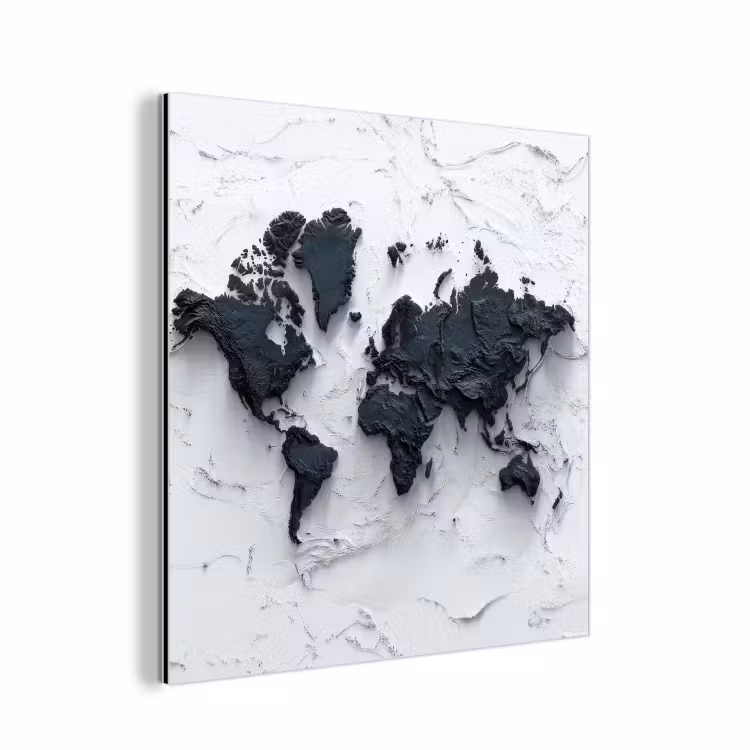 Wereldkaart - Zwarte- Steen aluminium wit klein -3d