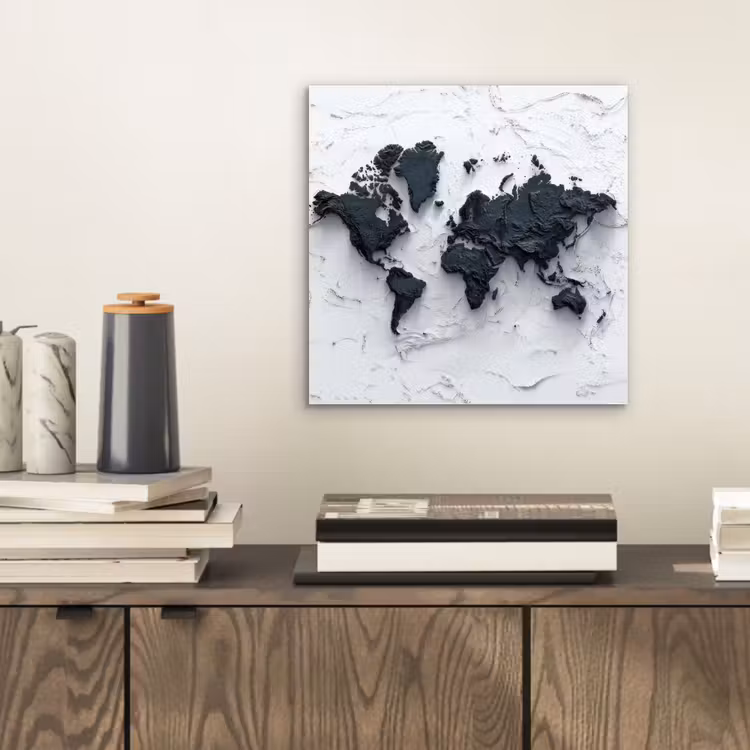 Wereldkaart - Zwarte- Steen aluminium wit klein -sfeer1