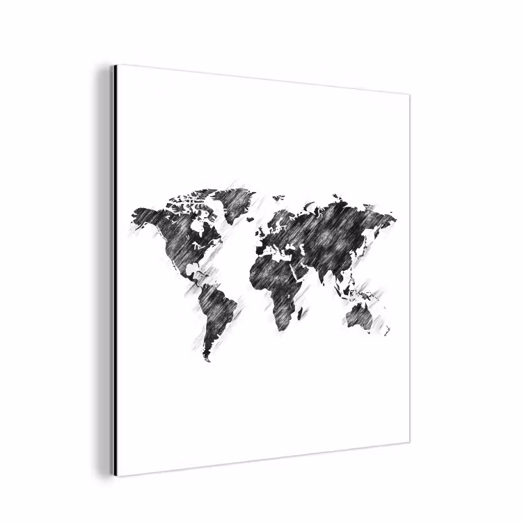 Wereldkaart - Schets - Potlood - Zwart aluminium wit klein -3d