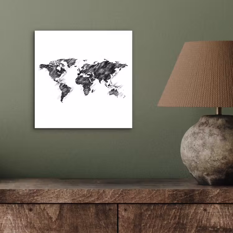 Wereldkaart - Schets - Potlood - Zwart aluminium wit klein -sfeer2