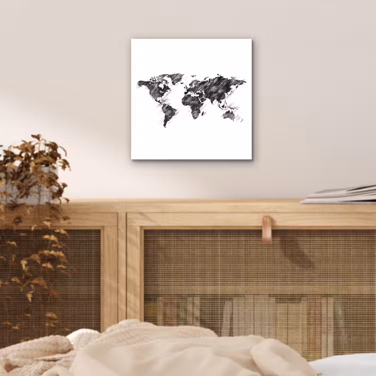 Wereldkaart - Schets - Potlood - Zwart aluminium wit klein -sfeer3