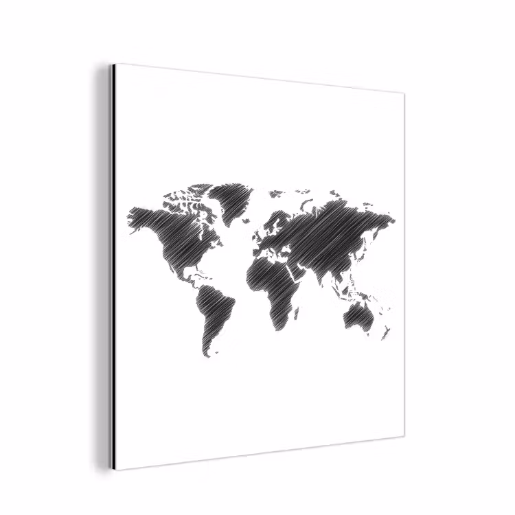 Wereldkaart - Schets - Zwart - Wit aluminium wit klein -3d