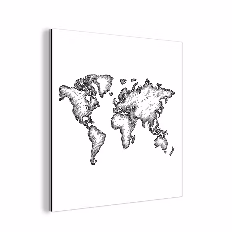 Wereldkaart - Schets - Wit - Zwart aluminium wit klein -3d