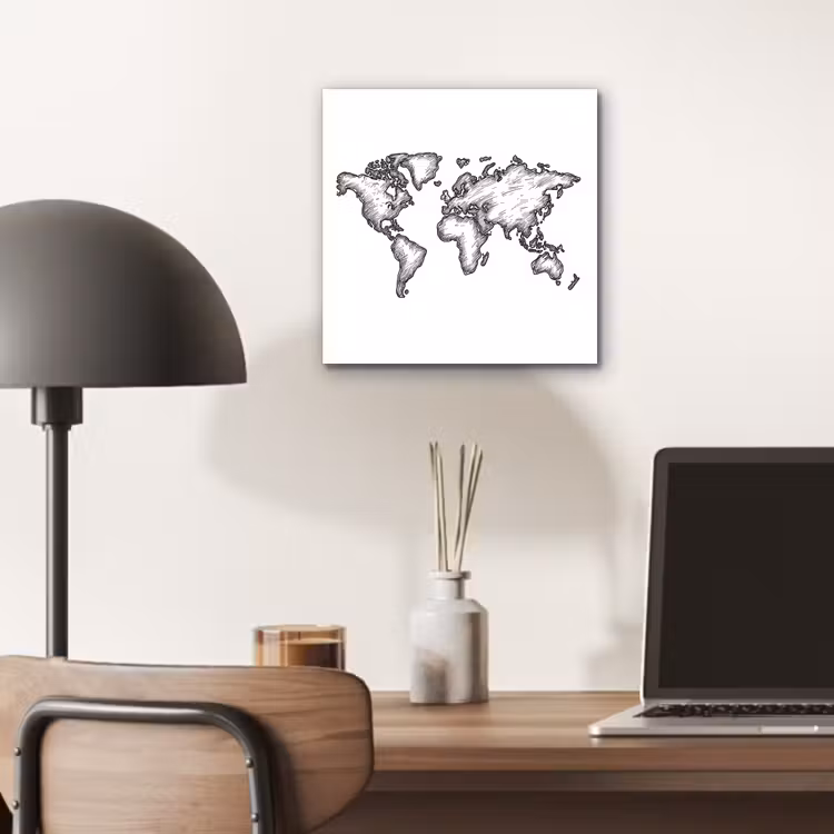Wereldkaart - Schets - Wit - Zwart aluminium wit klein -sfeer5