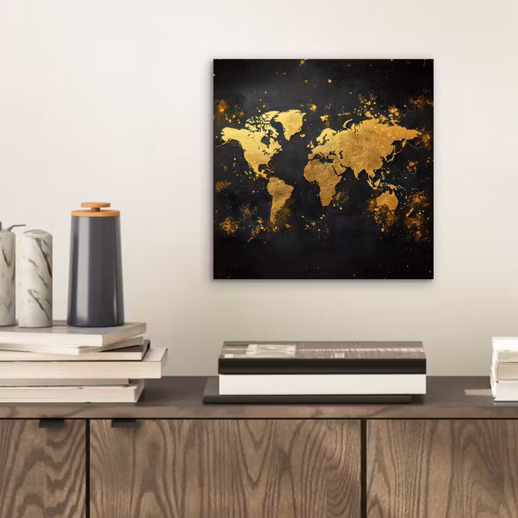 Wereldkaart - Spetters - Zwart - Artistiek aluminium wit klein -sfeer1
