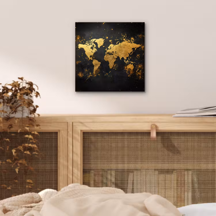 Wereldkaart - Spetters - Zwart - Artistiek aluminium wit klein -sfeer3