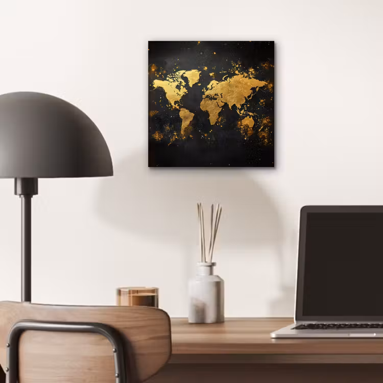 Wereldkaart - Spetters - Zwart - Artistiek aluminium wit klein -sfeer5