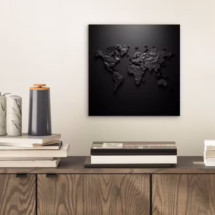 Wereldkaart - Steen - Zwart aluminium wit klein -sfeer1