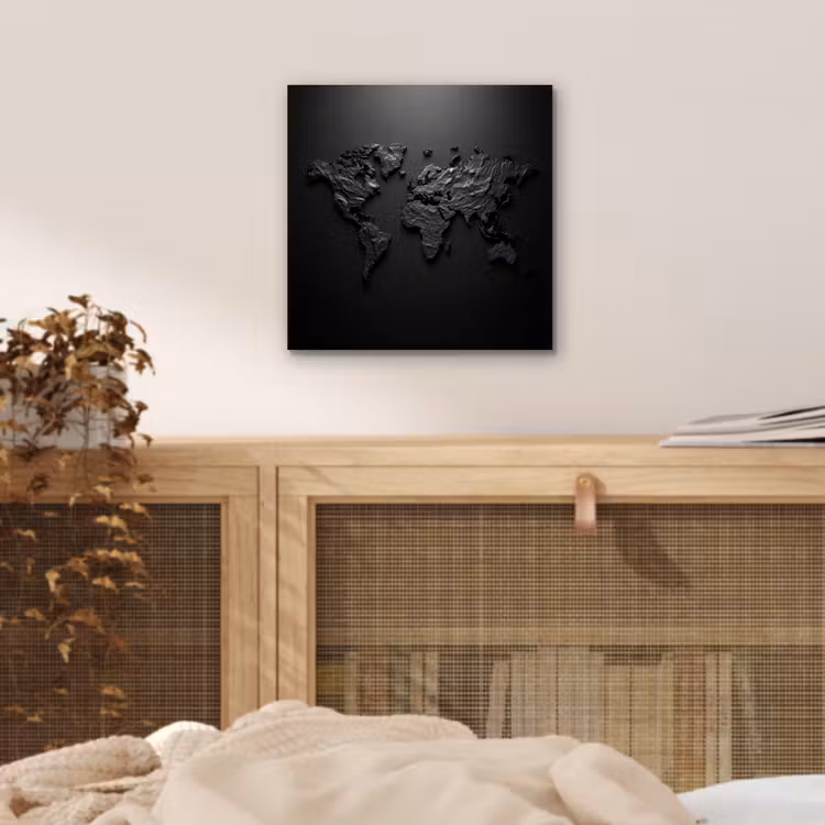 Wereldkaart - Steen - Zwart aluminium wit klein -sfeer3