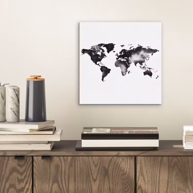 Wereldkaart - Inkt - Zwart aluminium wit klein -sfeer1