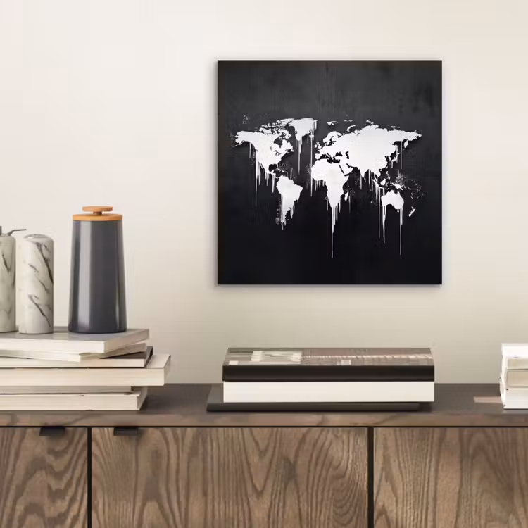 Wereldkaart - Inkt - Wit aluminium wit klein -sfeer1