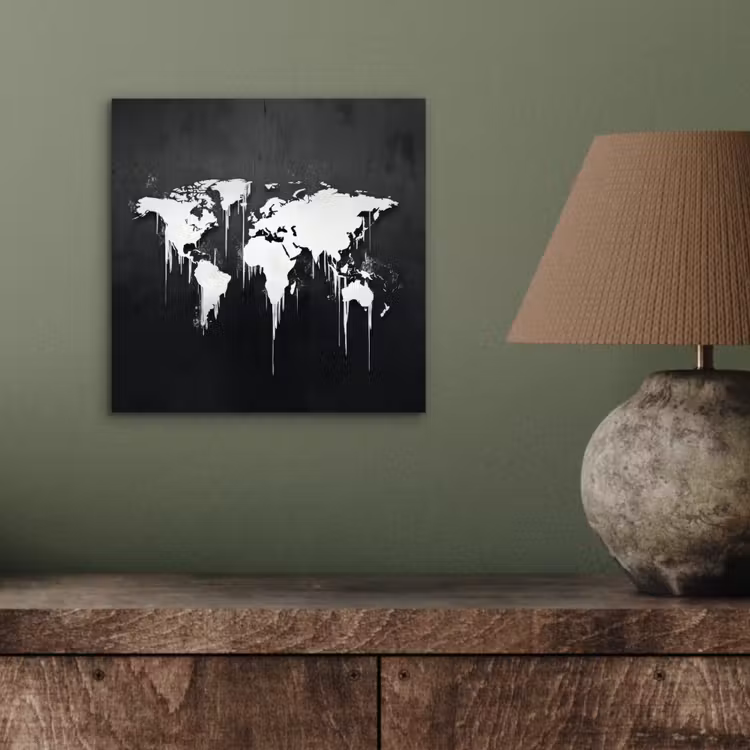 Wereldkaart - Inkt - Wit aluminium wit klein -sfeer2