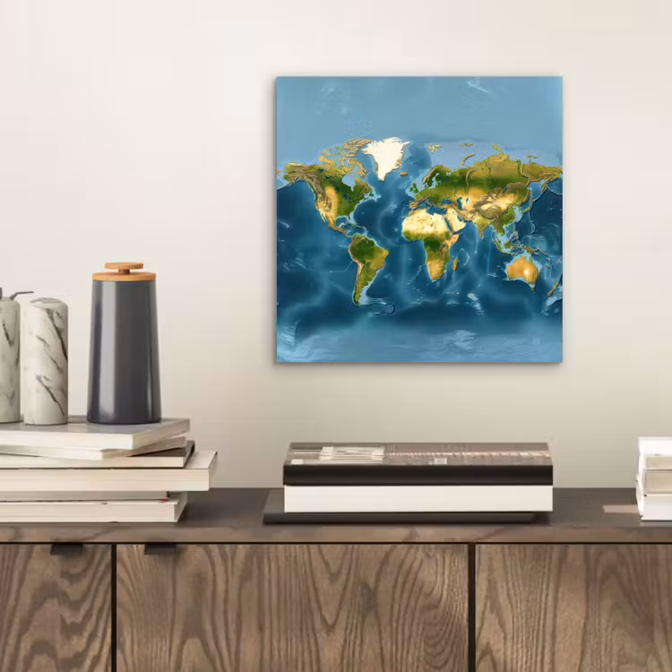 Wereldkaart - Topografisch reliëf aluminium wit klein -sfeer1