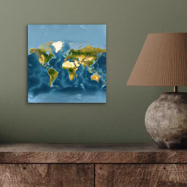 Wereldkaart - Topografisch reliëf aluminium wit klein -sfeer2