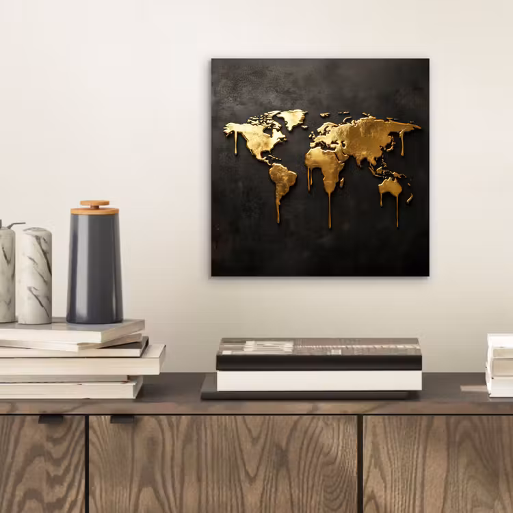 Wereldkaart - Druipende randen - Zwart aluminium wit klein -sfeer1