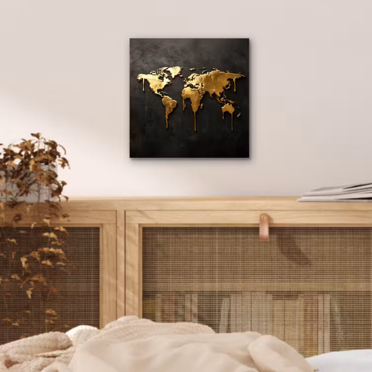 Wereldkaart - Druipende randen - Zwart aluminium wit klein -sfeer3