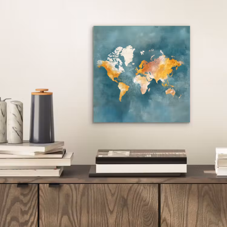 Wereldkaart - Verweerd - Blauw aluminium wit klein -sfeer1