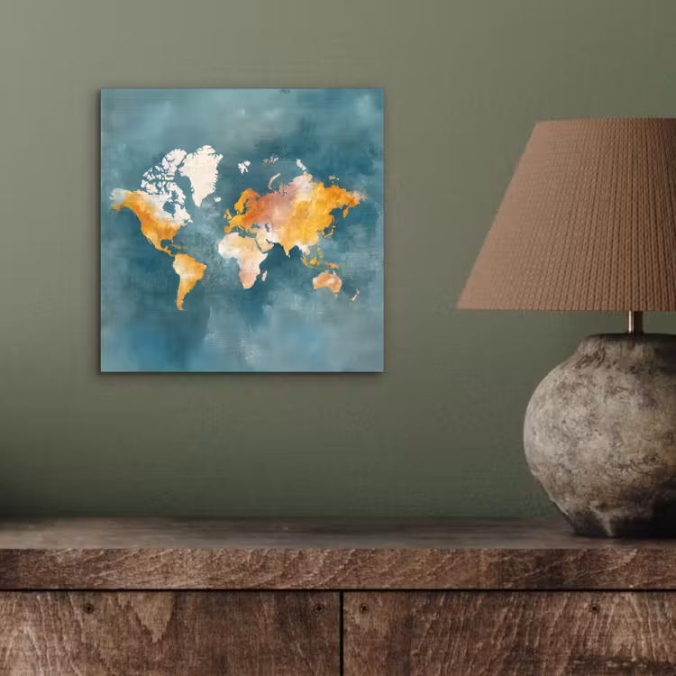 Wereldkaart - Verweerd - Blauw aluminium wit klein -sfeer2