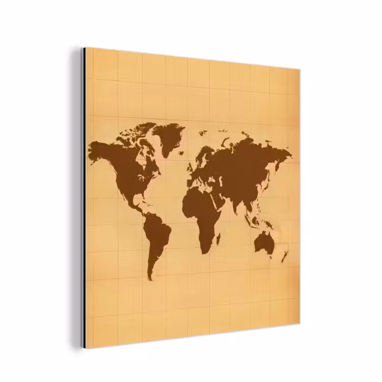 Wereldkaart - Verweerd raster - Bruin aluminium wit klein -3d