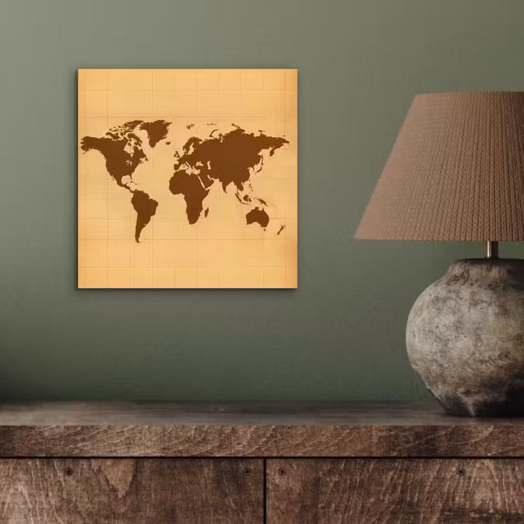 Wereldkaart - Verweerd raster - Bruin aluminium wit klein -sfeer2