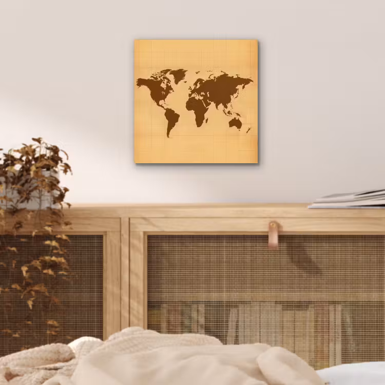 Wereldkaart - Verweerd raster - Bruin aluminium wit klein -sfeer3