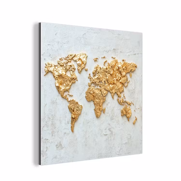 Wereldkaart - Wit beton - Bladgoud aluminium wit klein -3d