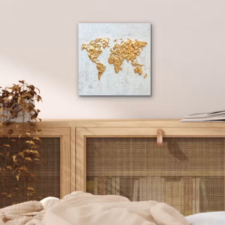 Wereldkaart - Wit beton - Bladgoud aluminium wit klein -sfeer3