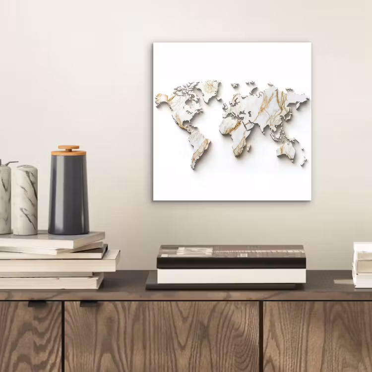 Wereldkaart - Wit Marmer - Luxueus aluminium wit klein -sfeer1