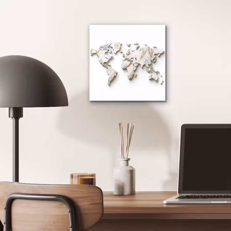Wereldkaart - Wit Marmer - Luxueus aluminium wit klein -sfeer5
