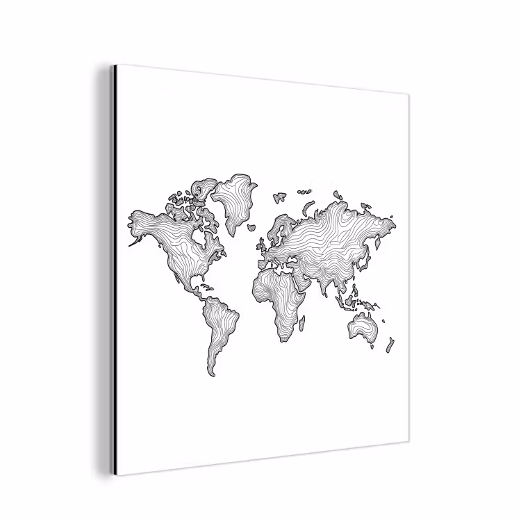 Wereldkaart - Golven - Lijnen aluminium wit klein -3d