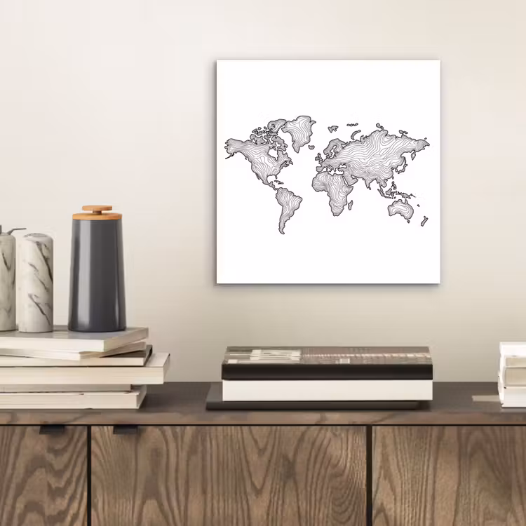 Wereldkaart - Golven - Lijnen aluminium wit klein -sfeer1