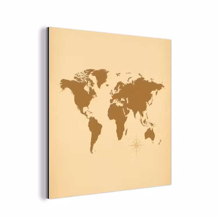 Wereldkaart -Windroos - Bruin aluminium wit klein -3d