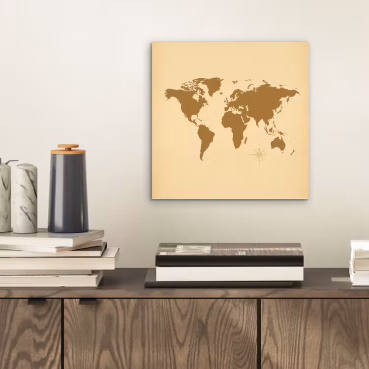 Wereldkaart -Windroos - Bruin aluminium wit klein -sfeer1