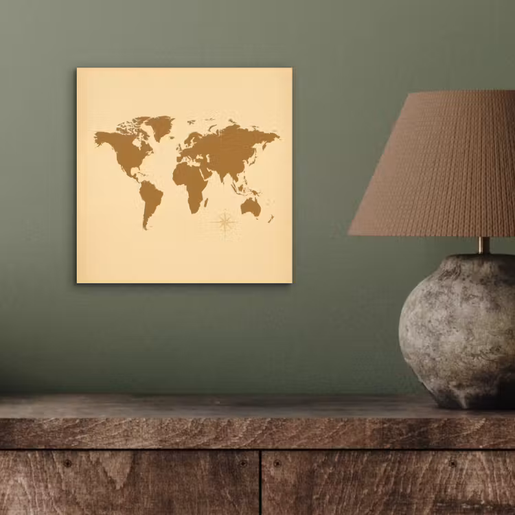 Wereldkaart -Windroos - Bruin aluminium wit klein -sfeer2