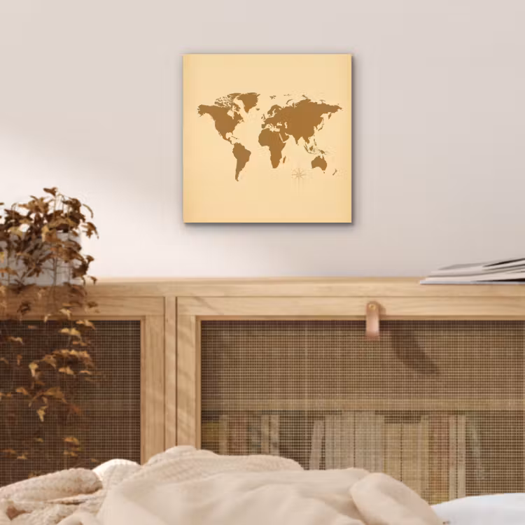 Wereldkaart -Windroos - Bruin aluminium wit klein -sfeer3