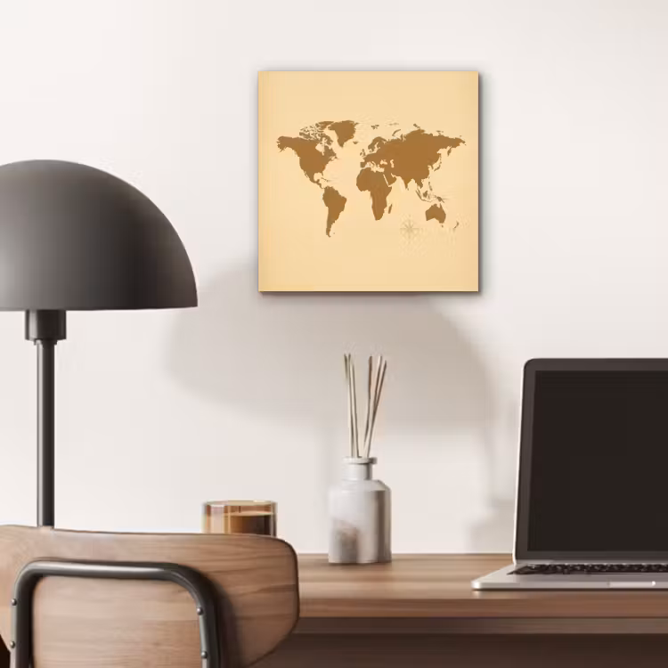 Wereldkaart -Windroos - Bruin aluminium wit klein -sfeer5