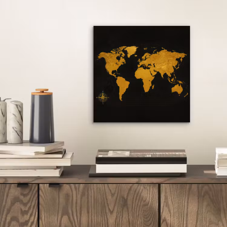 Wereldkaart - Windroos - Raster - Klassiek aluminium wit klein -sfeer1