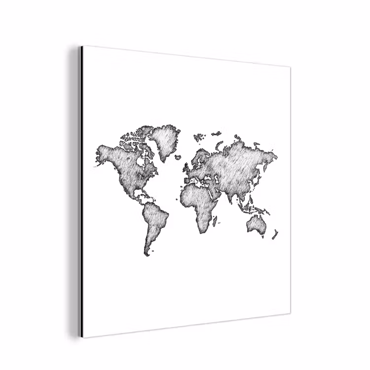 Wereldkaart - Tekening - Zwart - Wit aluminium wit klein -3d