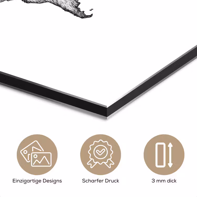 Wereldkaart - Tekening - Zwart - Wit aluminium wit klein -closeup_DE