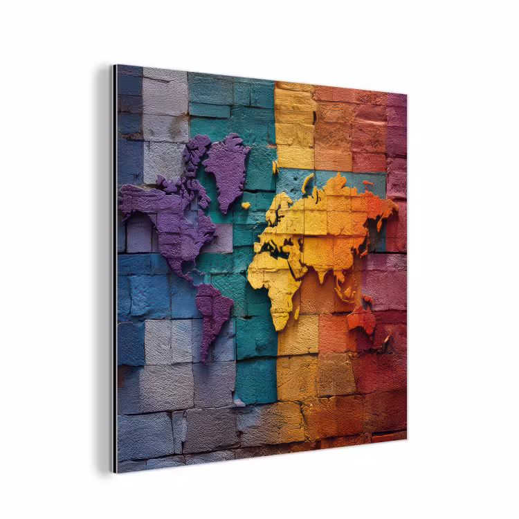 Wereldkaart - Bakstenen - Regenboog aluminium wit klein -3d