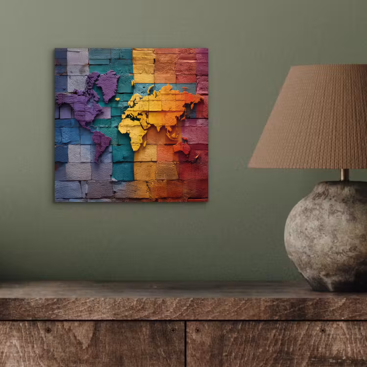 Wereldkaart - Bakstenen - Regenboog aluminium wit klein -sfeer2