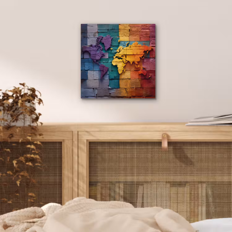 Wereldkaart - Bakstenen - Regenboog aluminium wit klein -sfeer3