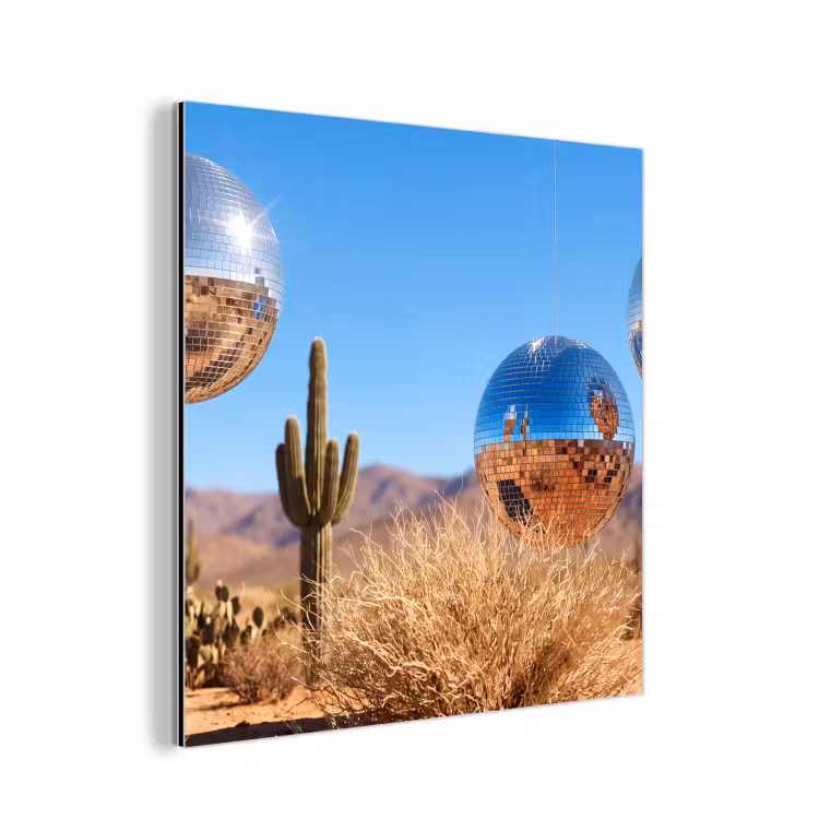 Alu-Dibond-Bild - Wüste – Spiegelkugel – Kunst - Woestijn - Spiegelbal - Kunst aluminium wit klein