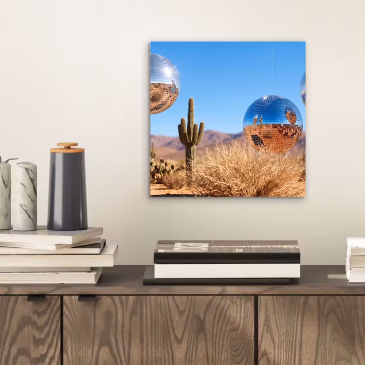 Alu-Dibond-Bild - Wüste – Spiegelkugel – Kunst - Woestijn - Spiegelbal - Kunst aluminium wit klein