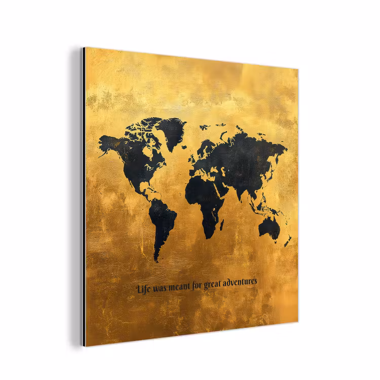 Quote - Goud - Wereldkaart - Zwart aluminium wit klein -3d